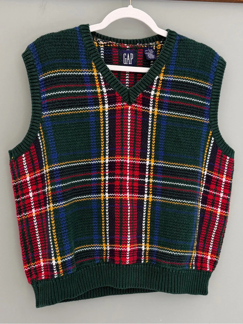 VTG 90s GAP Green Blue Red Holiday Tartan Plaid Knit Sweater Vest 100% Cotton